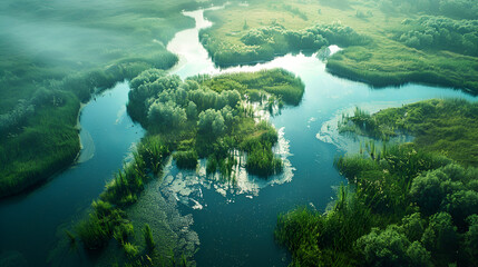 Fototapeta na wymiar Aerial view of lush coastal wetlands. generative ai