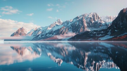 A snowy mountain peak reflecting in a serene lake under a cloudy sky in a New Zealand national park, capturing a panoramic winter morning view