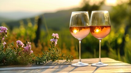Two glasses of white wine and a wooden plate with cheese and nuts served outside at sunset - 752962519