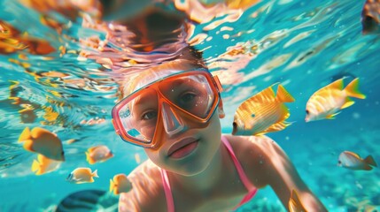A woman and child in snorkeling gear enjoy swimming with fish in a clear blue ocean during a fun summer vacation