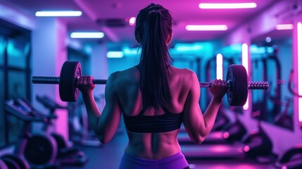 athletic woman turning her back with hair holding two dumbbells