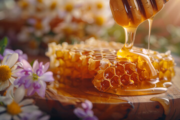 Pouring Honey Over Honeycomb Close-Up - obrazy, fototapety, plakaty