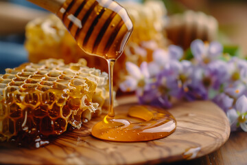 Honey Dipper Drizzling Honey on Honeycomb - obrazy, fototapety, plakaty