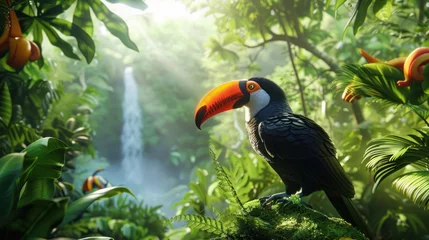 Rolgordijnen Toucan perched on a tree branch in the colorful Brazilian rainforest © in