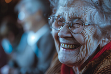 Smiling Elderly Woman Enjoying Company - obrazy, fototapety, plakaty