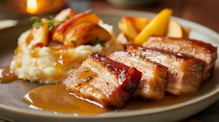 Tender Pork Belly Infused with Cider and Roasted Apples - obrazy, fototapety, plakaty