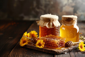 honey, honey stick, Honey comb, jars with different honey, on a wooden table,space for text.