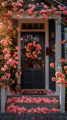 Fototapeta na wymiar A wooden door adorned with a beautiful wreath of pink roses, adding a touch of elegance to the buildings architecture and enhancing the propertys curb appeal