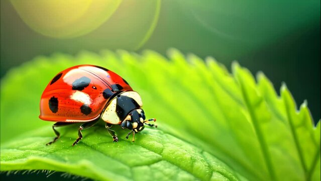 Beautiful ladybug on green leaf