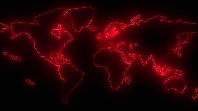 Neon glowing red world map icon animation in black background