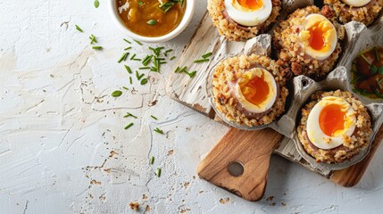 Halved Scotch Eggs on Wooden Board, Seasoned Perfectly.