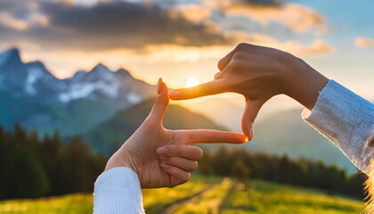 Close up of woman hands making frame gesture with sunrise on moutain, Female capturing the sunrise,...