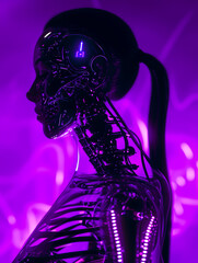 Neon Violet Cyborg: A Futuristic Femme Fatale with Transparent Glass Body and Visible Skeleton Inside, created with Generative AI technology