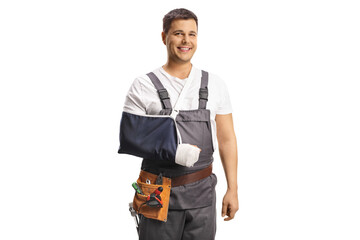 Repairman in a uniform with a broken arm