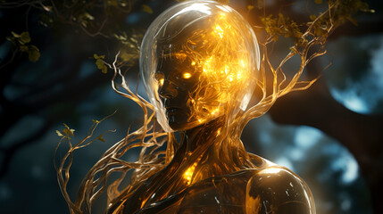 The Cosmic Tree Guardian: A Transparent Giant with a Galaxy Inside, created with Generative AI technology