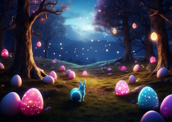 Little ray of sun reflecting on  eggs  inside forest 