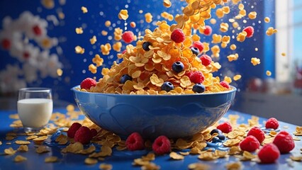 Healthy eating, food and diet concept - corn flakes with berries, raspberries and blueberries, milk splashes on a blue background.