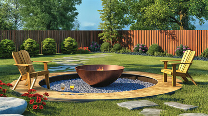 Cozy summer patio fire with chairs in backyard. Garden fire pit - 752966150