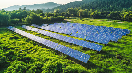 Photovoltaic power station with many solar panels in rural landscape - 752966194