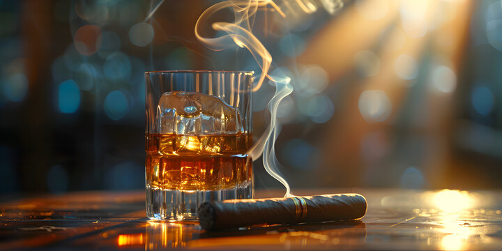 Whiskey in glass and cigar,Classic Whiskey and Cigar Composition,Whiskey and Cigar Still Life,Whiskey Glass with Cigar on Table
