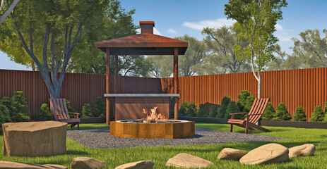Cozy summer patio fire with chairs in backyard. Garden fire pit - 752966352