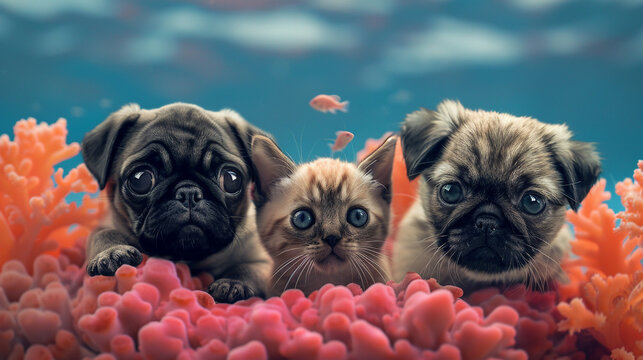 A pair of affectionate pugs and a curious Bengal kitten forming a heartwarming trio on a soft coral surface.