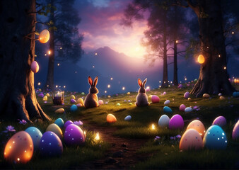 Little ray of sun reflecting on  eggs  inside forest 