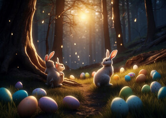 Little ray of sun reflecting on  eggs  inside forest 