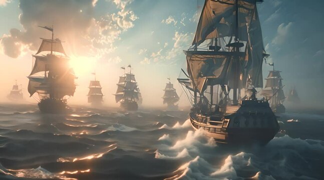 A battallion of armed gallions as they sail the seas at sunset