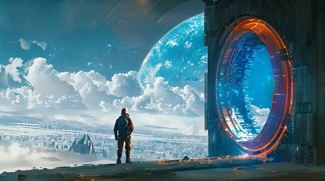 Space explorer standing next to a portal device on a planet with an enourmous city and a giant planet in the background