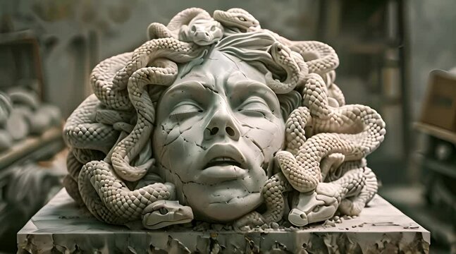 Beautiful marble sculpture of a fearsome gorgon's head