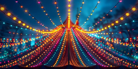 Nighttime carnival tent adorned with colorful lights Festive circus atmosphere in city. Concept Carnival Night Spectacle, Vibrant Tent Lights, City Festivity, Circus Ambiance