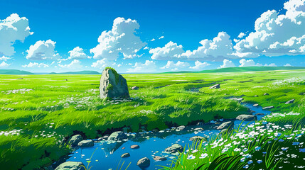 Rolling Meadows: A Serene View of Grassy Hills and Cloudy Skies in High Detail, Sky Blue, Traditional Animation, created with Generative AI technology - obrazy, fototapety, plakaty