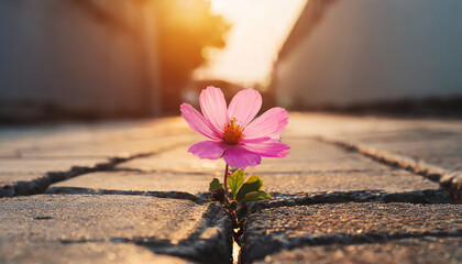 Close up, Pink flower growing on crack street sunset background - Powered by Adobe