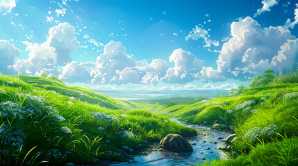 Fototapeta na wymiar Serenity in the Countryside: A Stunning View of Grassy Hills, Blue Skies, and Fluffy Clouds in High Detail Animation, created with Generative AI technology
