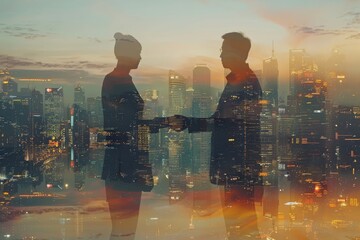 Handshake over cityscape with digital effects. Two business professionals shaking hands with a vivid cityscape and digital connectivity effects in the background