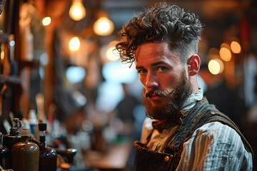 Portrait of barber at his workplace vintage style barbershop. - obrazy, fototapety, plakaty