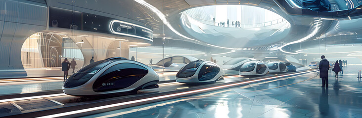 Obraz premium Futuristic transport hub with autonomous vehicles. Smart intelligent transportation.