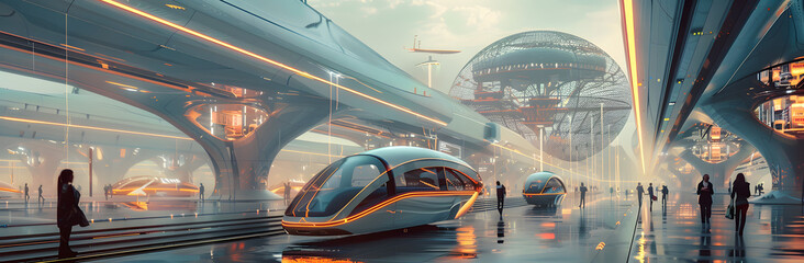 Futuristic transport hub with autonomous vehicles. Smart intelligent transportation. - obrazy, fototapety, plakaty