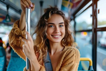 A smiling young woman with curly hair grips a pole while standing in a bus, portraying a joyful commute