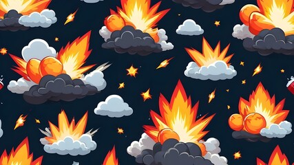 Fototapeta na wymiar Bomb explosion. Cartoon dynamite explosions effect, fire and explosive clouds. Destruction bombs flame. Comic danger boom clouds for digital game. Vector set