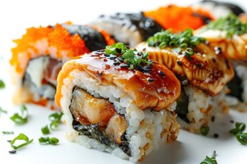 Japanese Cuisine - Sushi Roll with Eel, Cream Cheese and Raw Salmon inside. Nori outside. Japanese Cuisine Concept with Copy Space. Oriental Cuisine Concept.