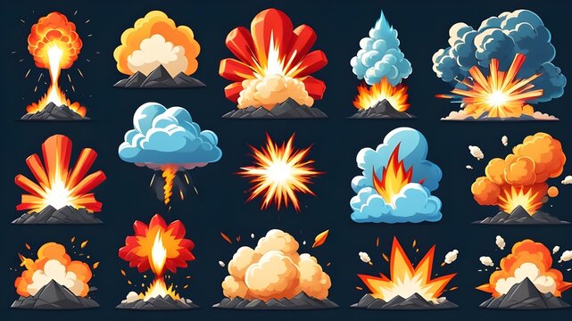 Bomb explosion. Cartoon dynamite explosions effect, fire and explosive clouds. Destruction bombs flame. Comic danger boom clouds for digital game. Vector set