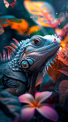 Vibrant iguana amongst tropical flora with a magical atmosphere