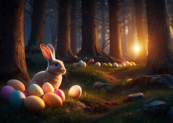 Little ray of sun reflecting on  eggs  inside forest 