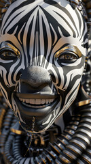 3D render of a futuristic person with a zebra pattern mask and golden tears