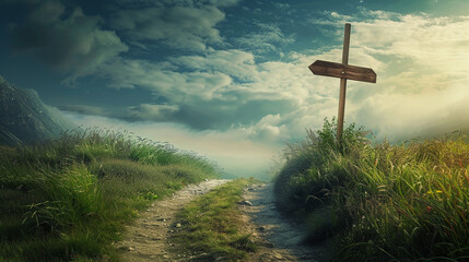 Serene nature path with wooden signpost and misty background - obrazy, fototapety, plakaty
