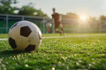 Classic soccer ball on grass pitch. Soccer player running with ball in blurred background. Football background