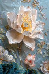 Timeless Elegance: Exquisite Lotus Flower Wallpaper in White and Gold created with Generative AI technology