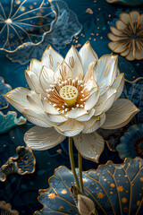 Elegant White and Gold Lotus Flower Wallpaper - Elevate Your Space with Glamorous 8K Design created with Generative AI technology